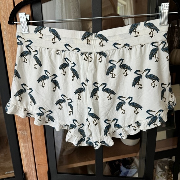 The Woods by Kate Quinn modal pajamas shorts ruffle heron birds print drawstring - Picture 3 of 5